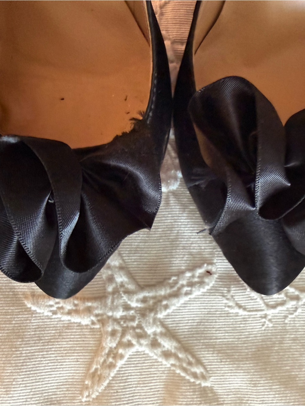 Black Satin Ruffle Peep-Toe Heels